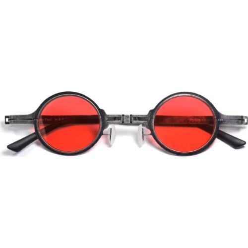 Folding Sunglasses Frame for Men Small Round Fashion Party Sun Glassses Women Metal Circle Rim Red Lens UV400 Shades