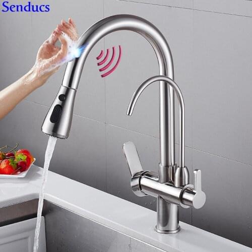 Touch Water Filter Faucet Senducs Pull Out Touch Sensing Kitchen Faucet Quality Brass Automatic Brushed Sensor Kitchen Mixer Tap