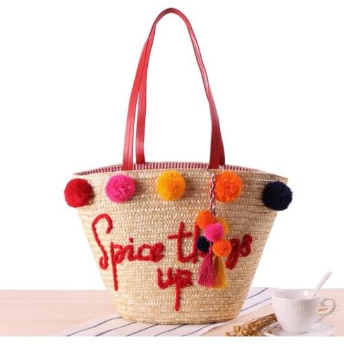 40x28CM New Hand-embroidered Letters On One Shoulder Straw Bag Colorful Yarn Ball Fashion Women Beach Knit Bag a7282