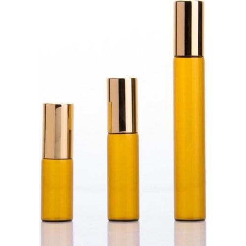3ml 5ml 10ml Refillable Amber Roll On Perfume Glass Essential Oil Bottle With Steel Metal Roller ball