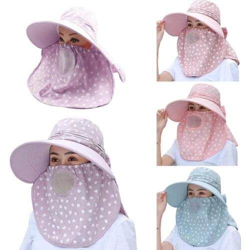 Outdoor Women Heart Anti-UV Protection Face Breathable Big Brim Outdoor Sun Hat with Face Neck Flap