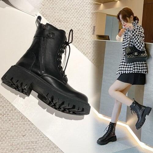 2021 NEW Autumn Black Combat Boots Women White Leather Platform Motorcycle Boots Punk Gothic Shoes Winter Mid Calf Chelsea Boots