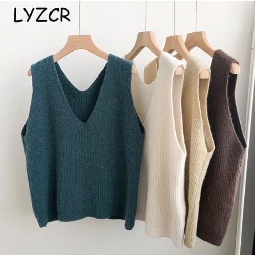 LYZCR Spring Sleeveless Sweater Vest For Women V Neck Knitted Vest Oversized Womens Sleeveless Cashmere Vest Female p 2020