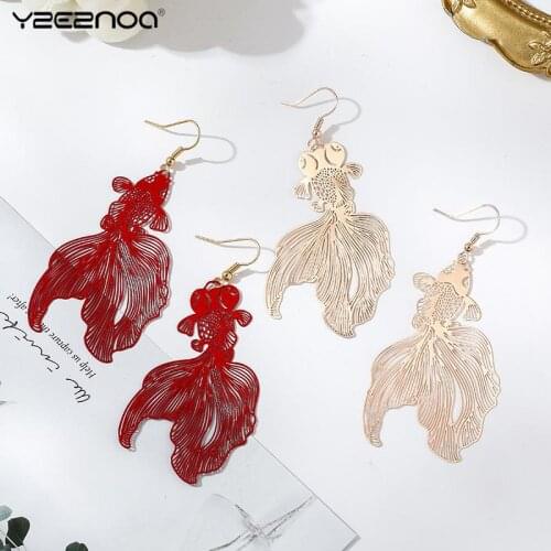 Gold/Red Koi Earrings Personality Metal Piece Pendant Earrings Hollow Big Earrings For Women Gift Jewelry Fish Ear Hook/Ear Clip