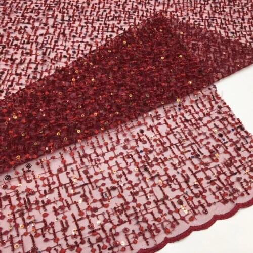 5yards/pc) High quality embroidered tulle lace wine red beaded African sequins French net lace fabric for party dress FSS352