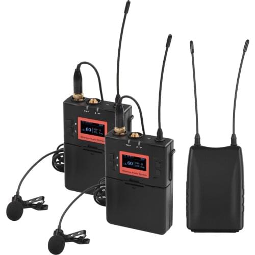 Wireless Lavalier Microphone System UHF 60-channels 2Transmitters 1Receiver for DSLR Camera Smartphone PC Sound Audio Interview