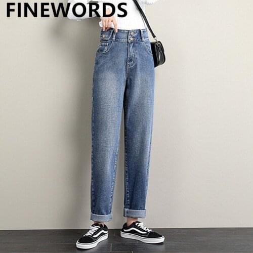 FINEWORDS Vintage Blue Side Pocket Harem Boyfriend Jeans 2 Button High Waist Mom Jeans Korean Casual Streetwear Plus Size Jean
