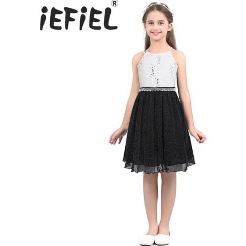 IEFiEL 6-14 Years Kids Girls Sleeveless Sequined Floral Lace Shiny Princess Tulle Dress for Birthday Party Summer Prom Clothes