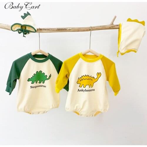 Newborn Baby Bodysuit Boys And Girls Dinosaur Jumpsuit Long Sleeve Cartoon Onesie Spring Autumn Cotton Soft Baby Clothes Hat