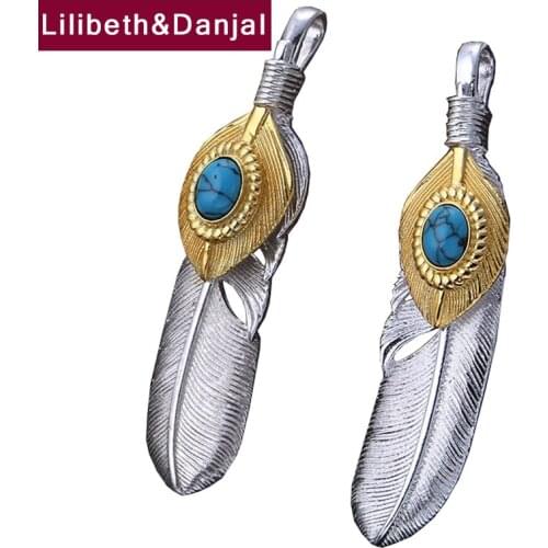 Flying Eagle Feather Real 925 Sterling Silver Inlaid Blue Turquoise Necklace Pendant Fine Jewelry Accessories Women Men 2021 P24