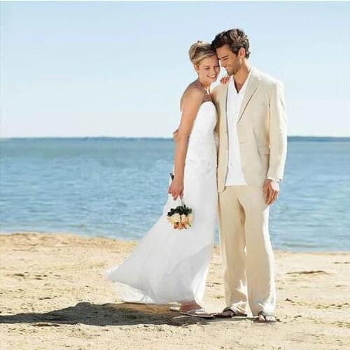 2019 Summer Beach Linen Beige Men Suits Wedding Suits Bridegroom Groomsmen Wear Casual Tuxedo 2piece Prom Terno Blazer Masculino