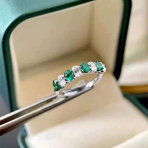 Trendy 925 Sterling Silver Rings Oval Cut Emerald Created Moissanite Anniversary Vintage Drill Row Ring For Women Fine Jewelry