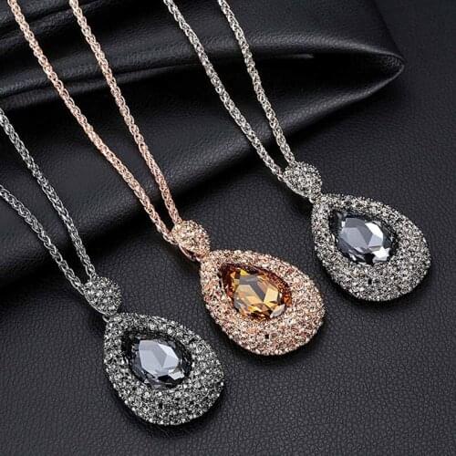 Fashion Korean Womens Necklace Rhinestone Crystal Water Drop Pendant Long Sweater Chain Necklace For Women Party Jewelry