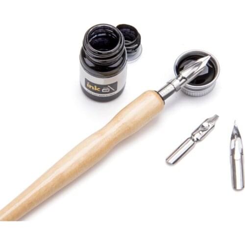 Manga Dip Pen Set Comic Pro Drawing Kit 3 Nibs Wood Holder Ink Calligraphy Tools