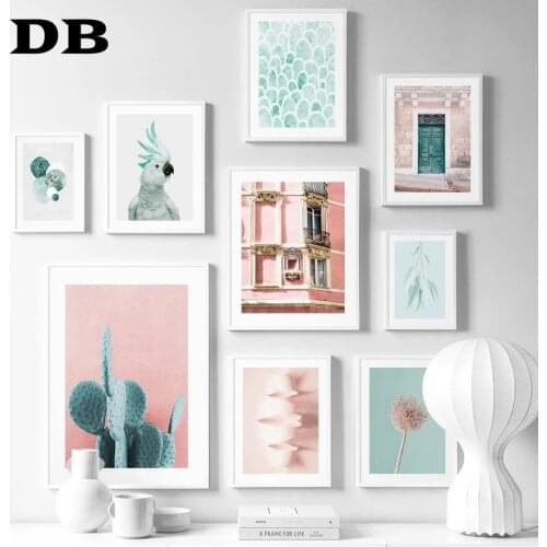 Pink Parrot Leaf Plant flower Old Door Nordic Poster Abstract Wall Art Print Canvas Painting Wall Pictures For Living Room Decor