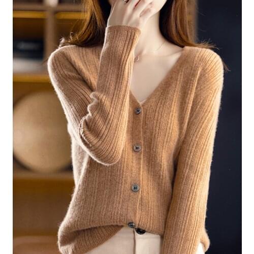2021 The New 100% Wool Autumn And Winter V-neck Casual Knitted Cardigan Fashion Loose StripeOut Bottoming Shirt