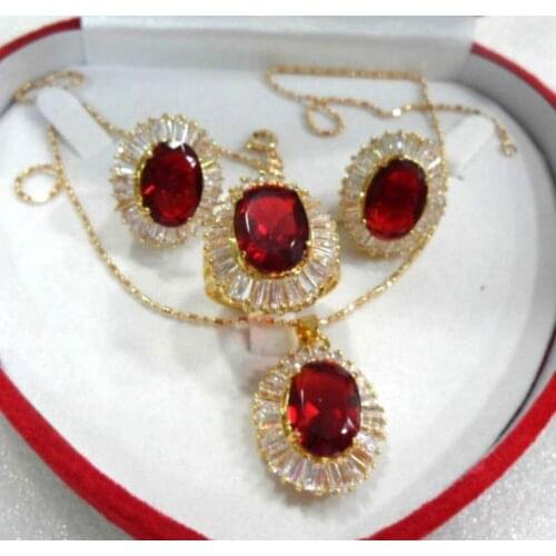 Wholesale Good Fine 12*14mm Red Zircon Earring Pendant Ring #6,7,8,9 Genuine Natural Stone Gems Fortune