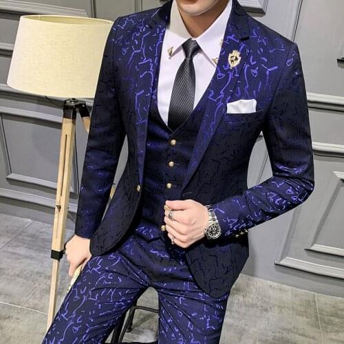 Luxury Blue Burgundy Suit Men Slim Fit costume de mariages hommes 3 Pieces Wedding Party Dress For Men Fashion Printed