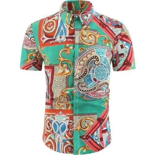 Large Size Mens Vintage Printing Shirt Summer Casual Short Sleeve Hawaiian Blouse Plus Asian Size M- 4XL
