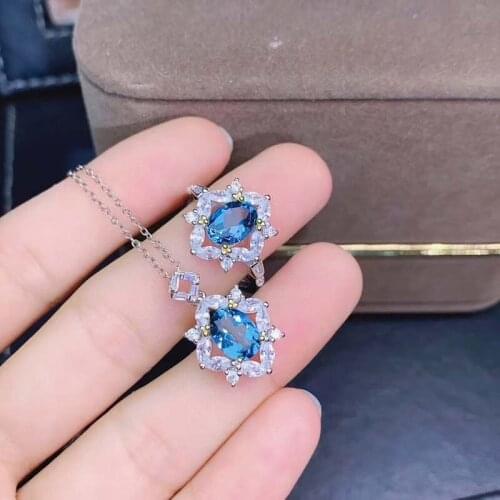 S925 Silver Natural London Topaz Jewelry Sets for Women Party Necklace and Ring Fine Jewelry Real Blue gemstones Gift Oval Cuted