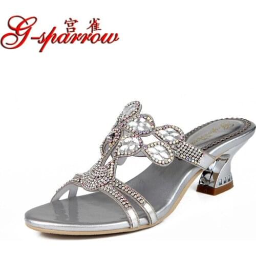 G-sparrow 2019 New Cause Rhinestones Sandals Chunky Heeled Open Toe Diamond Summer Ladies Slip On Slippers