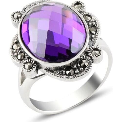 Silver 925 Sterling Amethyst Zircon & Marcasite Ring