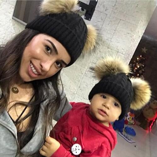 Mother Kids Warm Winter Caps Real Fur Pom Pom Beanie Wool Knitted Hat For Baby Boys Girls Pompom Raccoon Balls Beanie Cap Bonnet