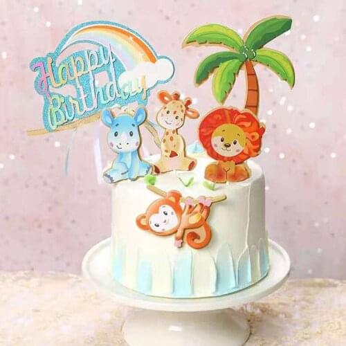 Gradient Happy Birthday Animal Cake Topper Jungle Safari Dinosaur Cute Lion Cupcake Decor Baby Shower Forest Birthday Cake Decor