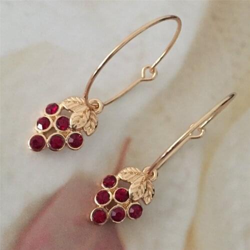 High Quality Cute Earrings Gold Color Hoop with Red Grape Shape Pendant Earrings for Girl Friend Best Gift