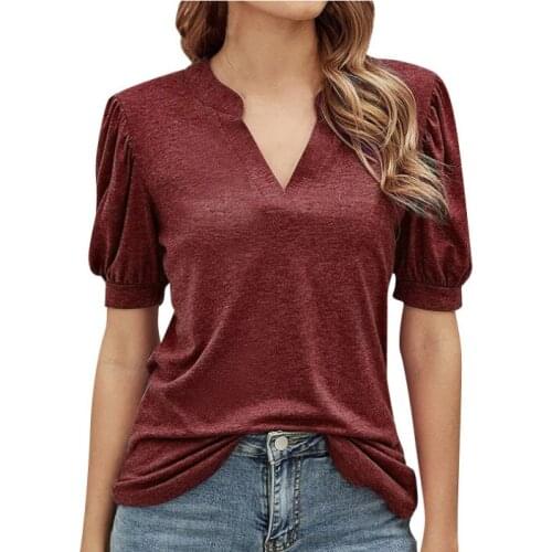 Summer T Shirt Women Europe New 2021 V Collar Short Sleeve T-shirt Leisure Loose Pure Color Tee Tshirts Dropshipping BYT2121