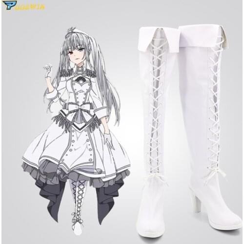 Anime Date A Live Nightmare Tokisaki Kurumi Cosplay Shoes Women Knee High Heels Lace Up White Lolita Boots