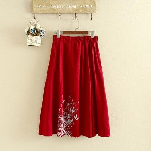 Plus Size XL-3XL Womens Elastic Waist Cotton&Linen Skirts Casual Cute Printed Long Skirts