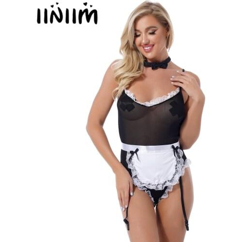 Women Lingerie Set Crotchless See-through Mesh Lace Jumpsuit with Apron G-String Briefs and Tie Knot Set Underwear Night Wear