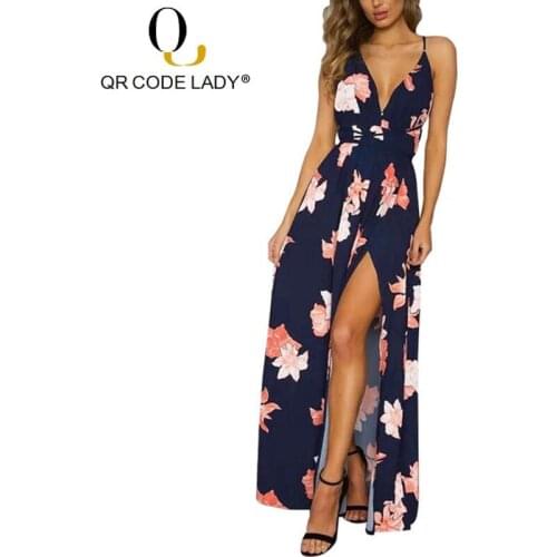 QR Bandage Backless Women Dress Summer 2019 Casual Print Long Party Dress Female Sexy Deep V Neck Split Boho Beach Maxi Dresses