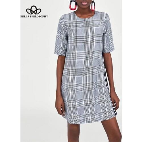 Bella Philosophy 2018 women causal gray plaid mini straight dress short sleeve o neck dress side striped slim female dress