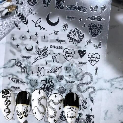 1pcs Black Snake 3D Nail Art Decals English Text star leopard Pattern Adhesive Geometric Slider Nail Art Sticker Decor 2020