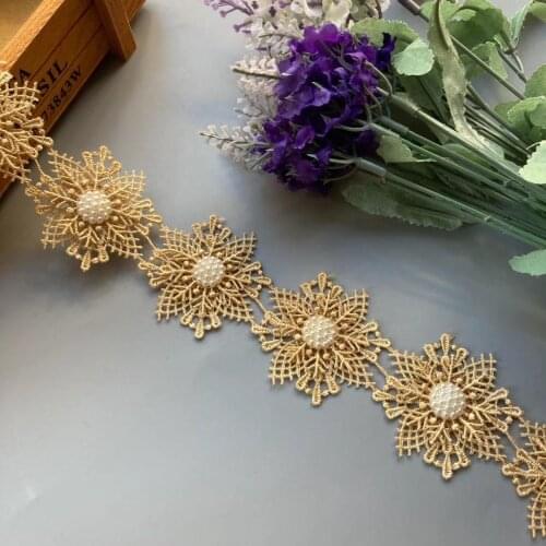 1 Yard Gold Pearl Beaded Embroidered Flower Lace Ribbon Trim Floral Applique Patches Fabric Sewing Craft Vintage Wedding Dress