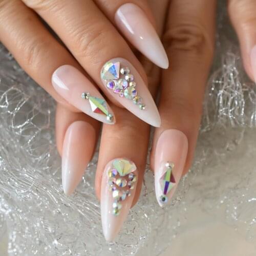 Natural Sharp 3D Designed False Nails Customized Rhinestone Press On Nail Glossy Gorgeous Stiletto Nails