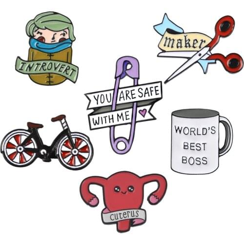Brooch Enamel Pin Purple Paper clip Scissors Bicycle Boss Mug Uterus Introverted Girl Lapel Pin Button Badge Cartoon Jewelry