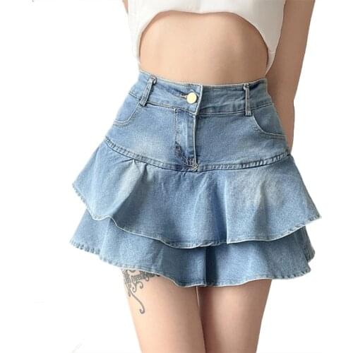 Women High Waist A-Line Mini Cake Jeans Skirt Vintage Washed Pleated Ruffles Layered Tiered Casual Slim Denim Streetwear
