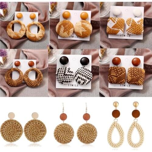 Donarsei Ethnic Leopard Rattan Earrings For Women Handmade Bohemian Geometric Water Drop Wood Dangle Earrings Boho Jewelry