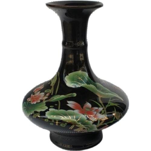 Chinese Old Porcelain Black Glazed Pastel Lotus Picture Vase