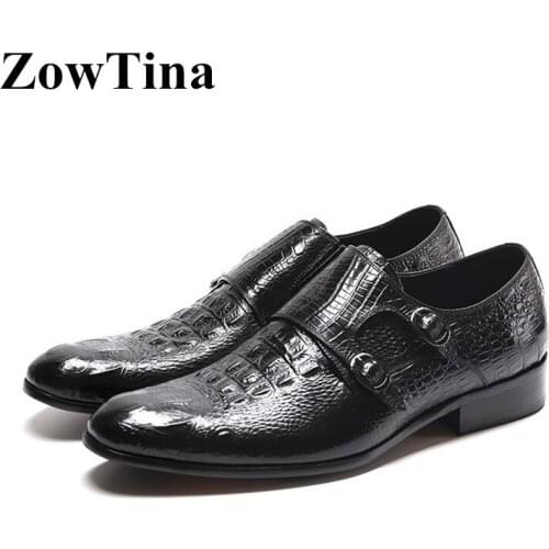 2020 New Men Black Crocodile Pattern Dress Shoes Pointed Toe Double Monk Strap Formal Work Shoes Brown Oxford Zapatos De Hombre