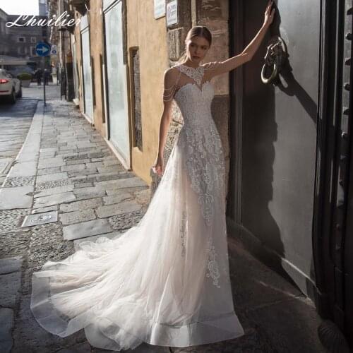 Lhuilier Elegant A-line Lace Appliques Wedding Dresses 2020 Floor Length O-neck Sweep Train Lace Appliques Beaded Bridal Dress