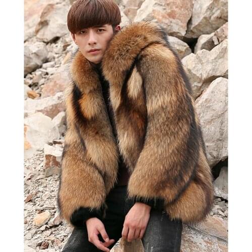 Mens Raccoon Fur Jacket Hooded Winter Coat Super Warm