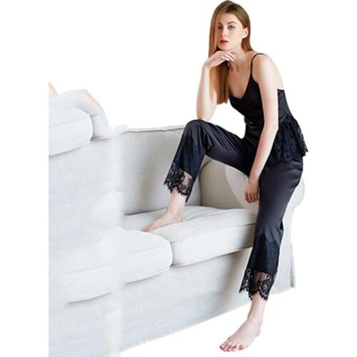 New High-End Spring And Autumn Simulation Silk Ladies Suspenders Pajamas Trousers Suits Home Service Lace Sexy Underwear