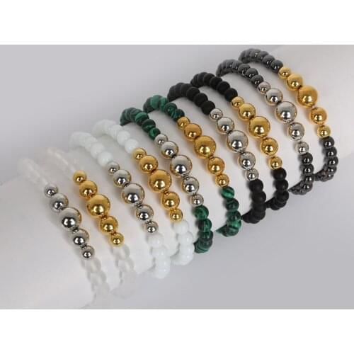 New 6mm Glass Beads+6/8/10mm Plated Gold Plastic Round Beads Bracelets & Bangles Trendy Bracelet For Women Men Jewelry