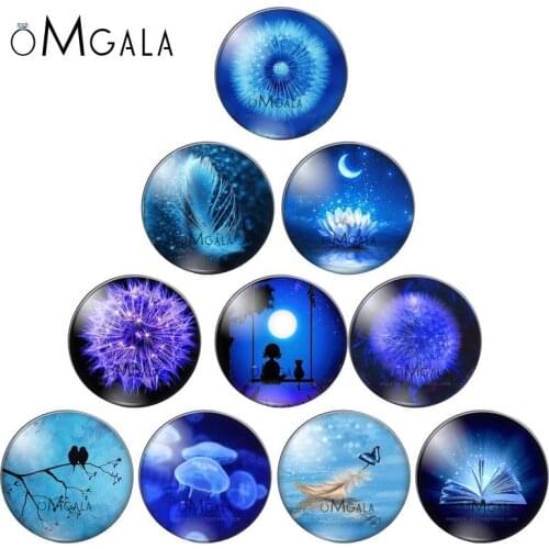 Fashion Dandelion Feather Lotus Blue Elements 10mm/12mm/16mm/18mm/25mm Round Photo Glass Cabochon Demo Flat Back Making Findings