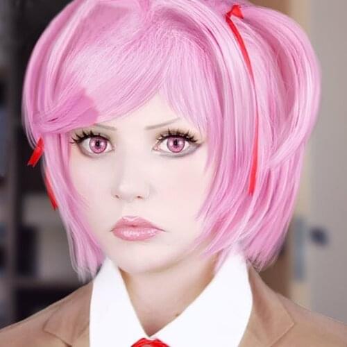 Game DDLC Doki Doki Literature Club Natsuki Pink Short Wig Heat Resistant Synthetic Hair Cosplay Wigs + Free Wig Cap