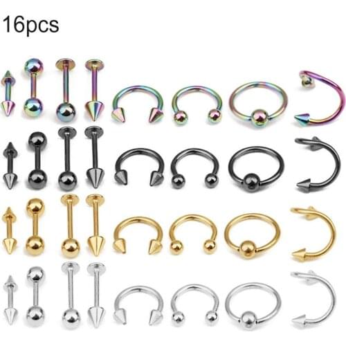 Sexy Diverse Fashion Trend Street 16Pcs Lip Nose Eyebrow Stud Belly Tongue Rings Body Piercing Tool Jewelry Gift